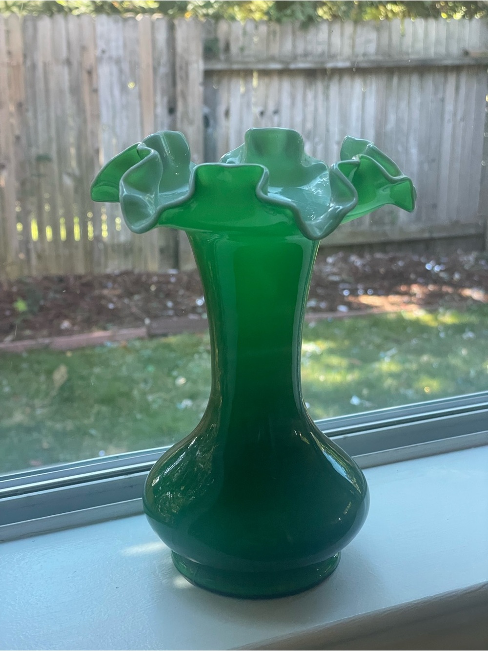 Fenton Art Glass Ivy Green Cased Ruffled Vase 7.5” Tall MCM